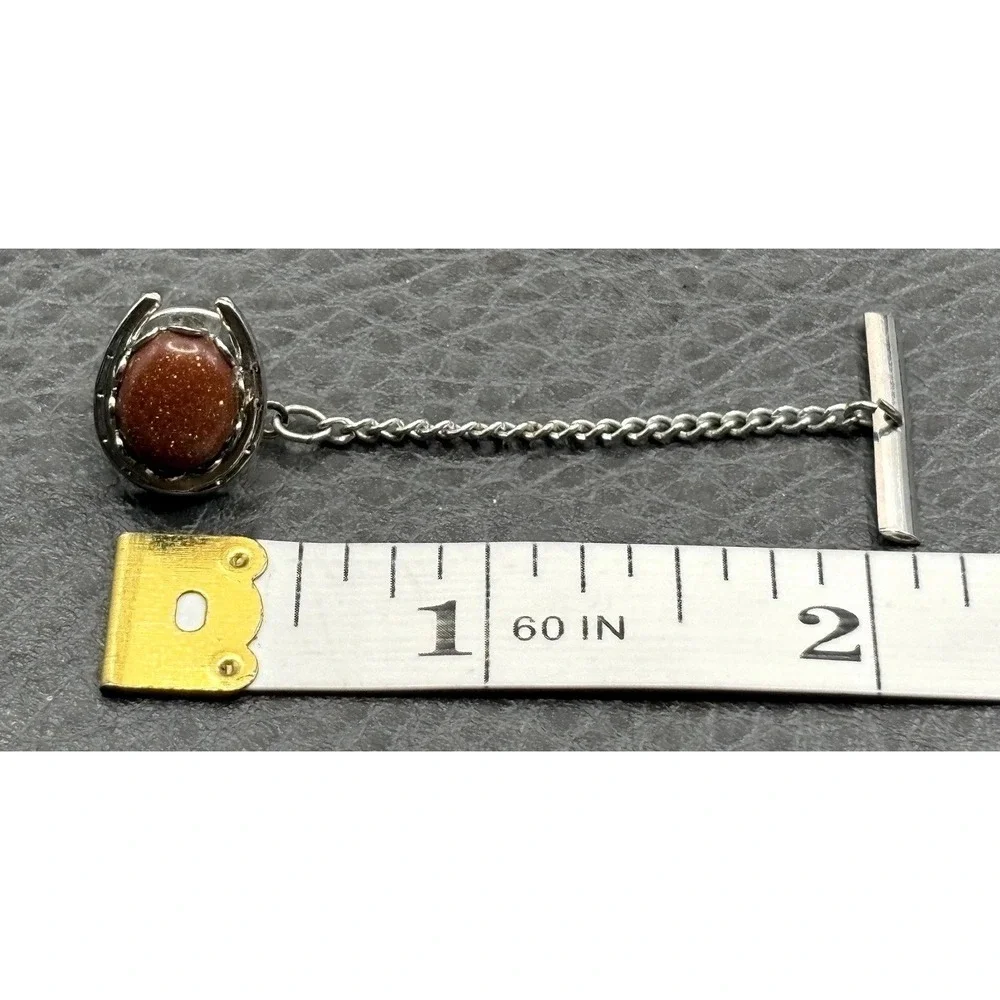 Vintage Horseshoe Goldstone Glitter Cabochon Equestrian Tie Tack Silver Tone